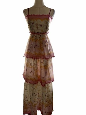 JardinVue Pink Floral Maxi Dress Women Lace Up Layered Pom Pom Trim Sleeveless