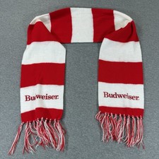Vintage Budweiser Scarf Red White Striped Knit Fringed Mens Accessory USA Made
