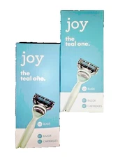 2 PACK ! JOY Teal One 1 Razor Handle + 2 Blade Cartridges  (5 Blades) Each