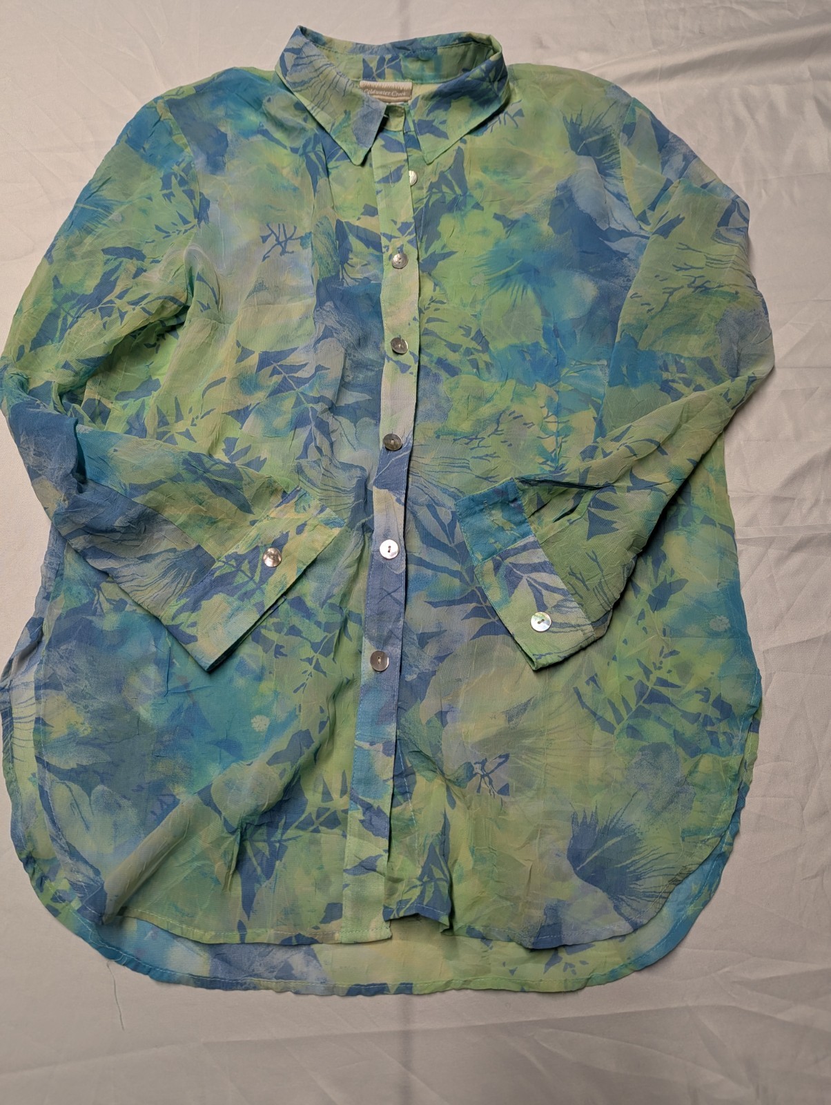 COLDWATER CREEK Green / Blue Floral Sheer Crinkle  Button Blouse L Tunic