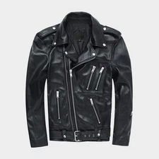 Men’s Custom Black Leather Biker Jacket Classic Motorcycle Coat Zip Pockets Belt