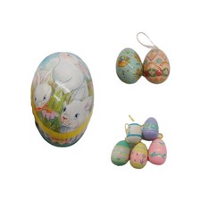 Easter Eggs 6 Ornaments 1 Box Mixed Lot Of 7 Wood Paper Mache Decorated