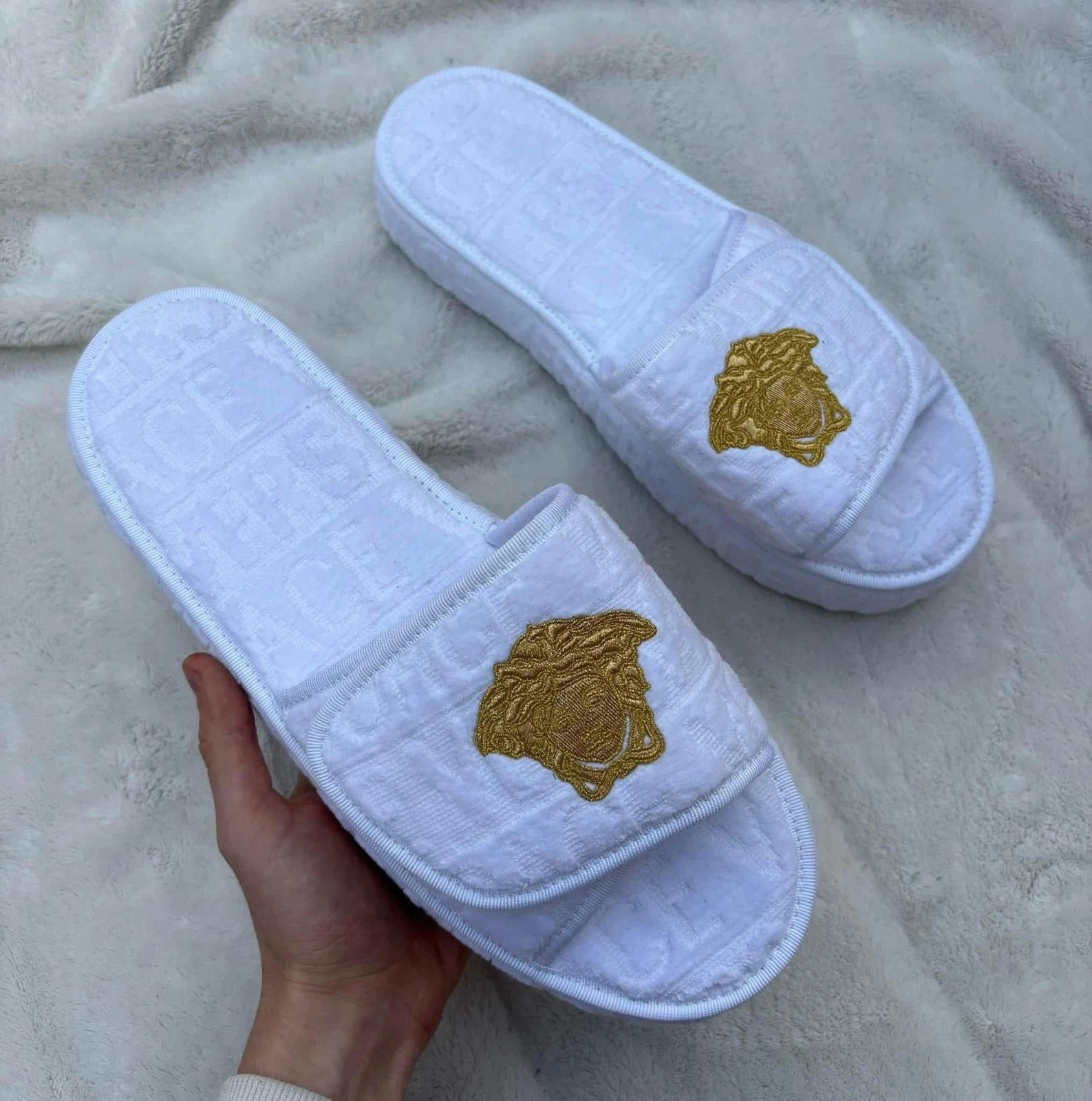 Versace — Versace White/Gold Medusa Embroidered Embossed Slippers Slides - New - Authentic