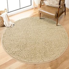 Round Bath Mat Non-Slip Chenille 3 Feet Shaggy Bathroom Round 34 inches Beige