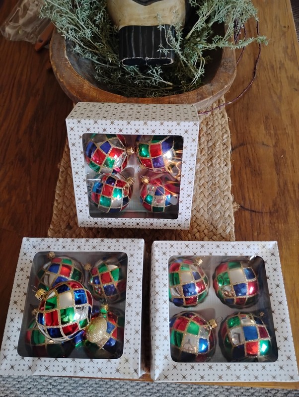 Lot 12 Gorgeous Vintage Glass Harlequin Glitter Ball Christmas Xmas Ornaments 