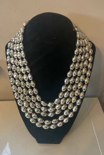 Vintage 5 Strand Faceted Silver Tone Bead Bib Necklace Statement Costume Jewelry