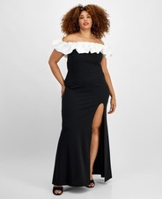 City Studios Trendy Plus Size 24W Ruffled Off-The-Shoulder Gown Black $119 SALE