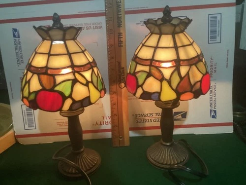 Vintage Tiffany Style Candlestick miniature Stained Glass Table Lamps set of 2