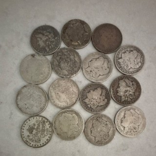 Lot of 15 Morgan silver dollars worn 1879 1901 date range. 441.17 grams total.