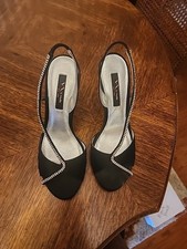 Nina Black Satin Rhinestone Dress Shoes Heels Size 9M Strappy Open Toe