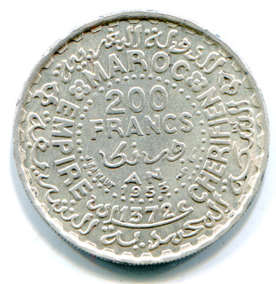 Morocco 200 Francs 1953 (AH1372) Y 53 .1852 oz ASW lotjan4237