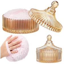 Luxurious 2 Pcs Large Dusting Powder Puff  6'' Glass Container Set - Amber E...