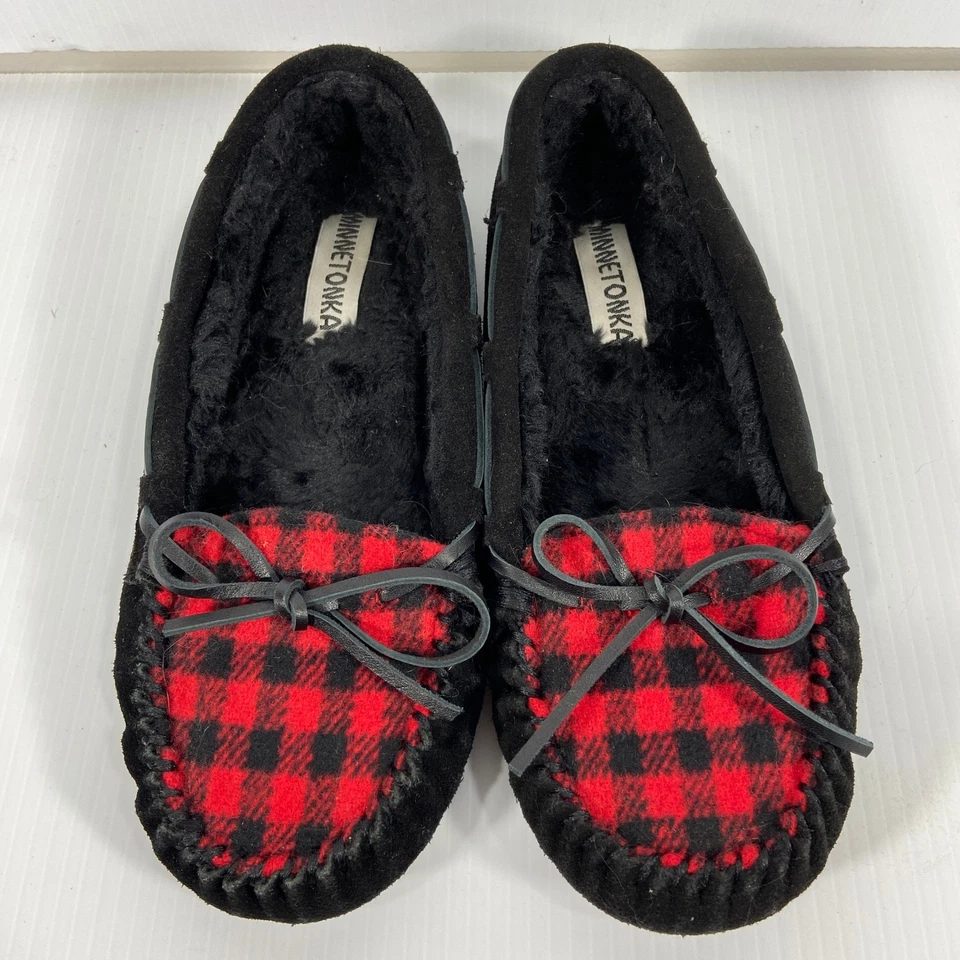 Minnetonka Allie Suede Red Black Plaid Hard Sole Slipper Moccasin Women 10 - Image 3 of 4