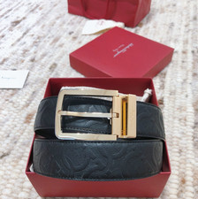 Salvatore Ferragamo Men's Black Gancini Embossed Leather Belt Gold Buckle 35mm