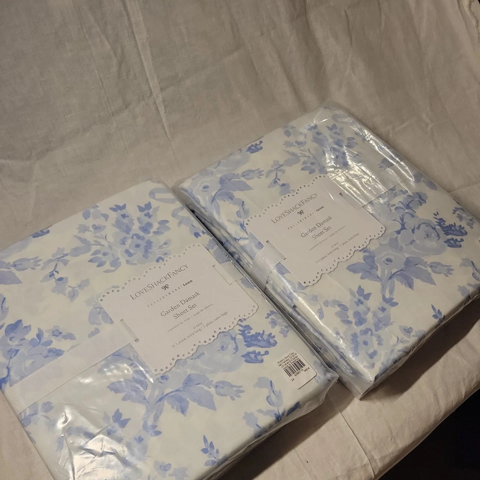 Juego de 2 juegos de sábanas orgánicas Pottery Barn LoveShackFancy azul jardín damasco XL doble Foto 4 de 4