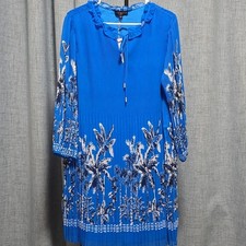 Skies Are Blue Curvy Royal Blue Pleated Floral Dress With Ruffle Neck Size 1X