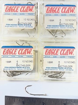 4-BOXES OF 10 EAGLE CLAW #2 NICKEL BAITHOLDER ( BARBED ) 40 TOTAL HOOKS!  NICE!