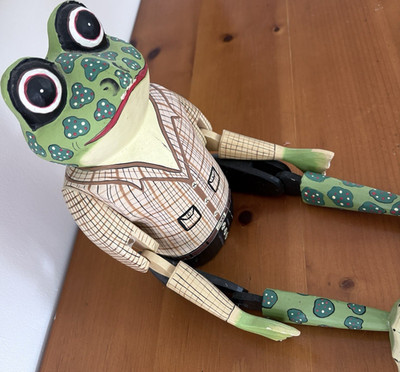 Hand-painted Wooden Frog Figurine, Movable Limbs, Plaid Shirt, 12'' Tall