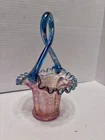 Fenton Basket Iridescent Pink Blue Ruffled Edge Twisted Handle Butterfly Berry