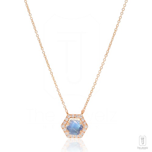 14K Gold VS/F-G Diamond And Rainbow Moonstone Hexagon Pendant Necklace - Picture 6 of 6