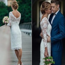 Short Sheath Wedding Dresses Long Sleeve Backless Buttons Lace Bridal Gowns New