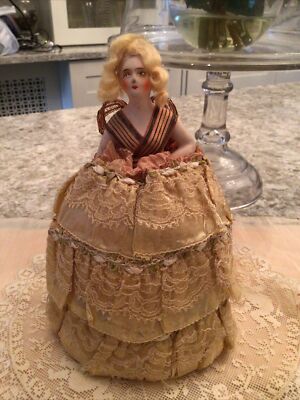 vtg antique boudoir Half doll french rosettes net lace pin cushion victorian