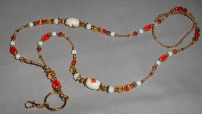 HANDMADE BEADED LANYARD ID BADGE HOLDER NECKLACE ORANGE & FLORAL BEADS [HK]