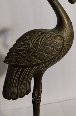 Vintage EXQUISITELY HAND CARVED Brass Crane Standing On Turtle