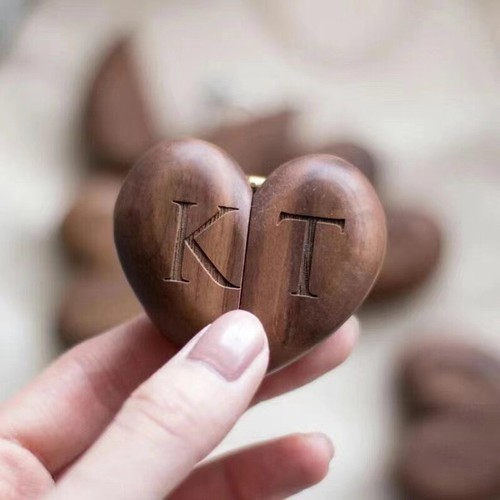 Personalised Wooden Wedding Ring Box Custom Engagement Ring Holder Heart Shaped - Picture 3 of 8