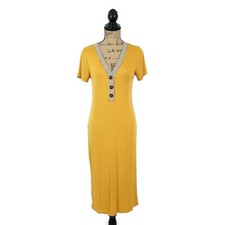 Hem & Thread Womens M RIbbed Knit Sheath Dress Solid Yellow V Neck Short Sleeve