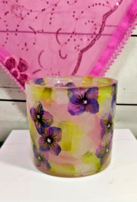 White Barn Candle Co. Purple Pansies Floral WIde Candle Holder Resin