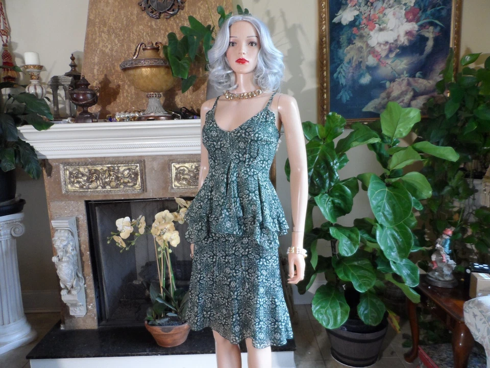 Vestido Derek Lam NY 100 % Seda Georgette Verde Estampado Floral Nivel Volantes Talla 0 Foto 4 de 4