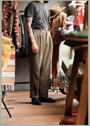 Harris Tweed Brown Wool Herringbone Pattern American Vintage High-waisted Pants - Picture 3 of 11
