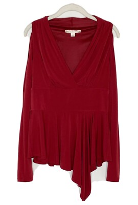 BOSTON PROPER Burgundy V-Neck Cold Shoulder Fit Fare Peplum Blouse Sz M A4