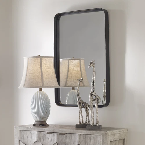 Minimalist Rustic Black Metal Wall Mirror, 30" Thin Frame Curved Edge Vanity - Picture 2 of 7