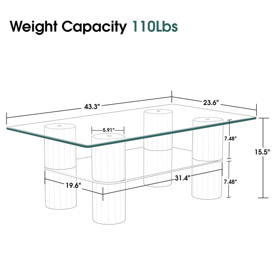 Mesa de centro de vidrio ivinta con estante de almacenamiento, pequeña moderna rectangular central Ta Foto 2 de 4