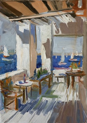 Coastal landscape with yachts.  Mediterranean Terrace.original oil panting.