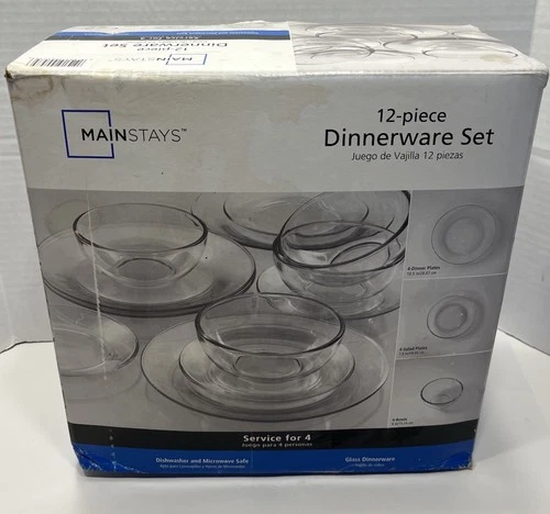 Mainstays 12-Piece Dinnerware Set Round Clear Glass Service For 4 New Old Stock Opens in a new window or tab
