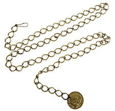 Vintage Gold Tone Brass Curb Link Chain Dangle Faux Coin Belt 38" Adjustable