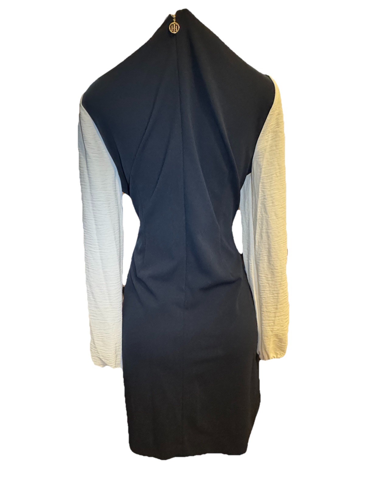 Tommy Hilfiger Navy White Long Sleeve Sheath Dress Ruffle Collar Tie Neck thumbnail 4