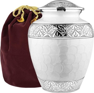 Pearl White & Silver Aluminum Cremation Urn for Ashes Human Ashes NIB NEW