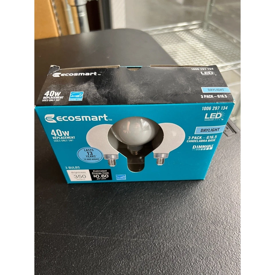 3pk Ecosmart 40W LED Light Bulb G16 Dimmable Frosted Filament Daylight E12 Mini - Image 3 of 4