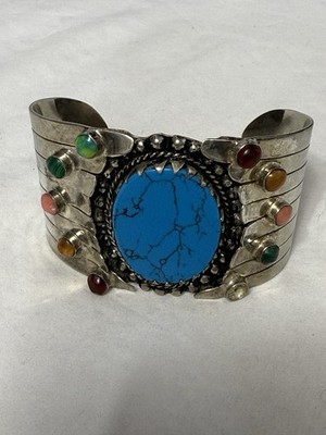 Vintage-Style Silver Tone Cuff Bracelet with Faux Turquoise Stones