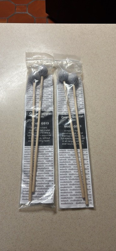 Malletech Grand Soloist GS13 Marimba Mallets Pair Gray Yarn Heads Wood Handles