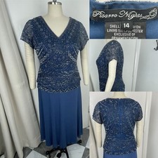Pisarro Nights Size 14 Blue Evening Dress, Wedding. Beaded Top, Flowing Skirt.