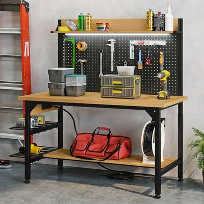 47.2''/59''x31'' Adjustable Height Workbench with Pegboard and Storage Shelf