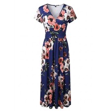 Navy Floral Maxi Dress M Faux Wrap Cottagecore Garden Party Boho Pockets