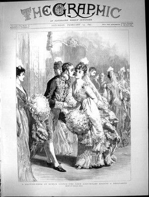 Original alter antiker Druck Dublin Castle Lord Lieutenant Kissing Debutante 1891