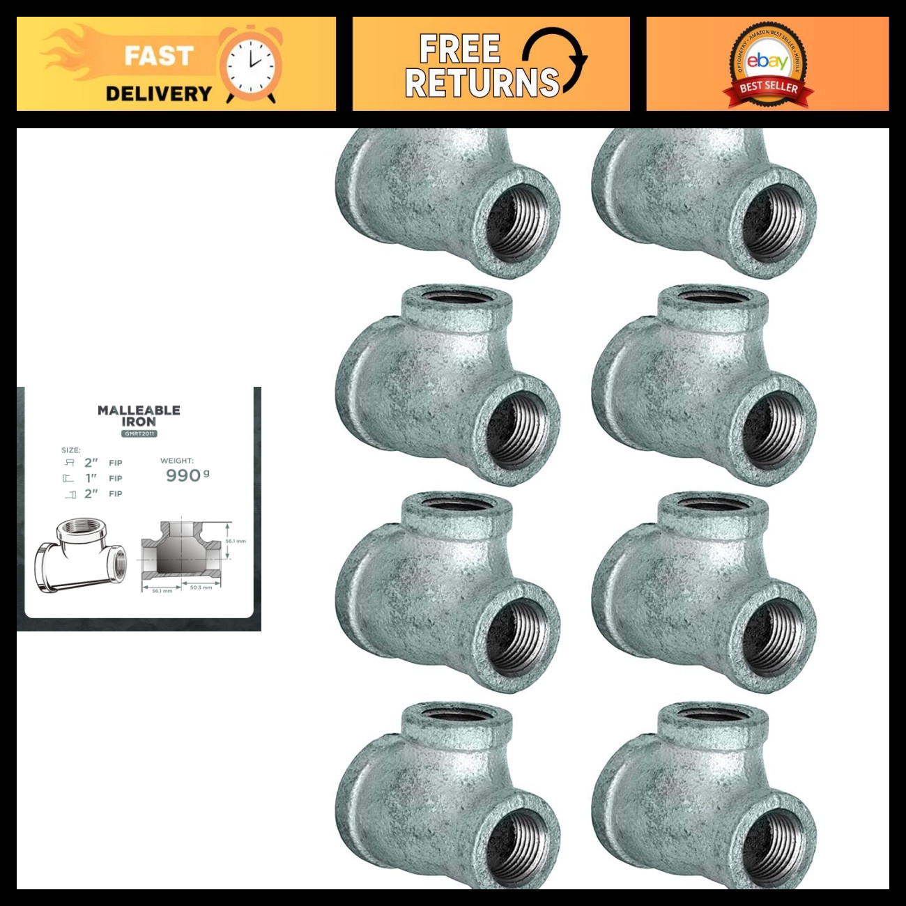 Galvanized Malleable Reducing Tee 2" x 1" x 2" Female Threaded Pipe Fitting