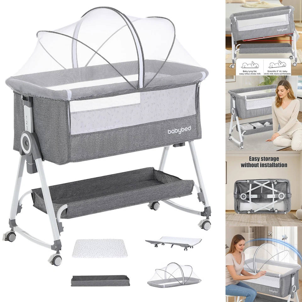 Sleeper Crib Bedside Baby Standard Folding Portable with Stand - Grey - Image 4 of 4